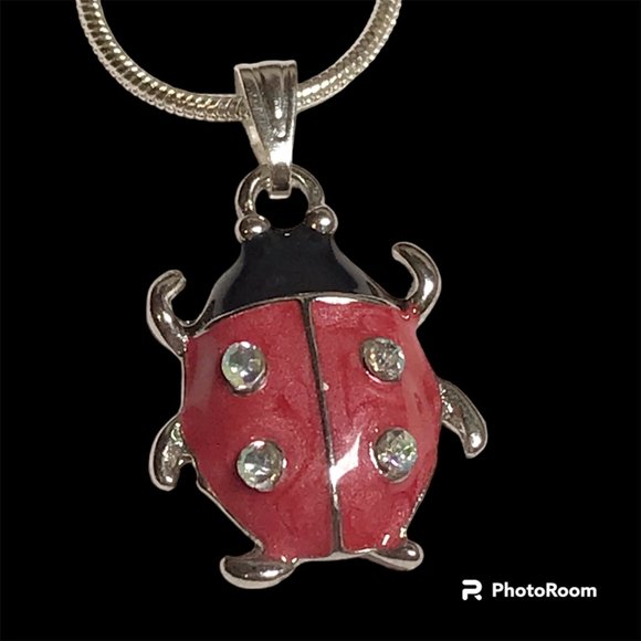 Ladybug Pendant Necklace Crystal Silver Plated 18" Chain Insect Red Enamel - Picture 4 of 12